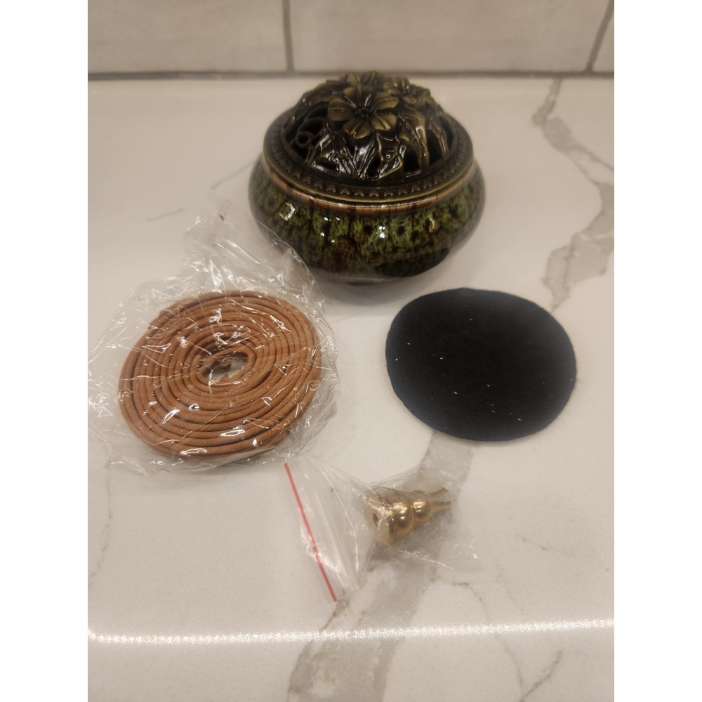 Decorative Incense Burner Storage‎ Insence Burners Green Flowers Stoneware Box